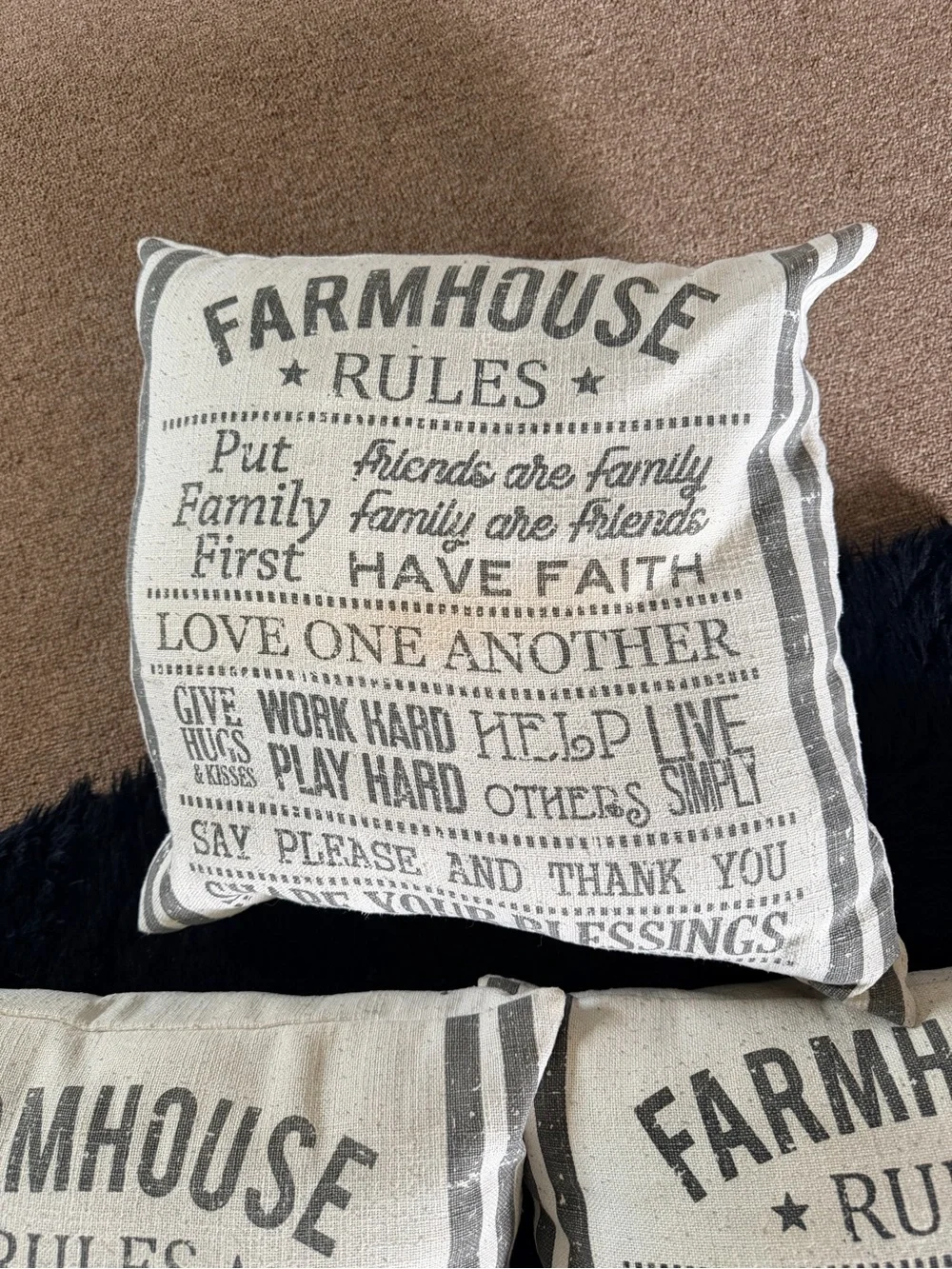Farmhouse Rules Decorative Throw Pillow - Neutral Beige and Gray